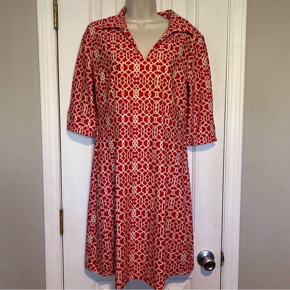 Jude Connally Red & Tan Geometric Shirt Dress | Size Large - Picture 1 of 9